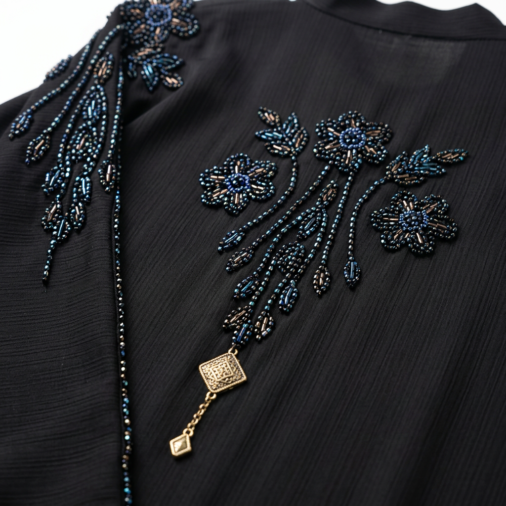 Black Blue Tonal Floral Shoulder Pendant Abaya