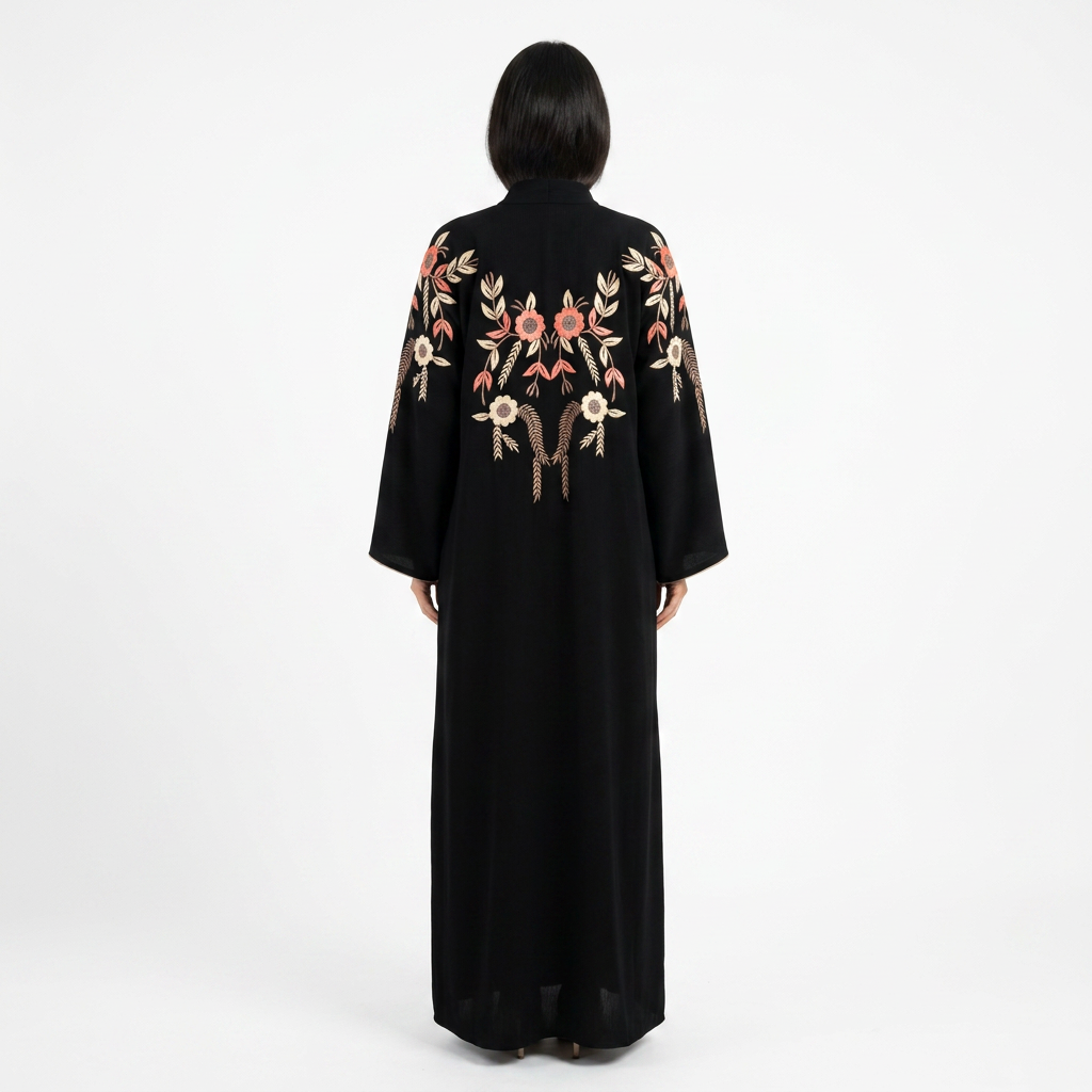 Black Cream Pink Floral Embroidered Back Shoulder Abaya