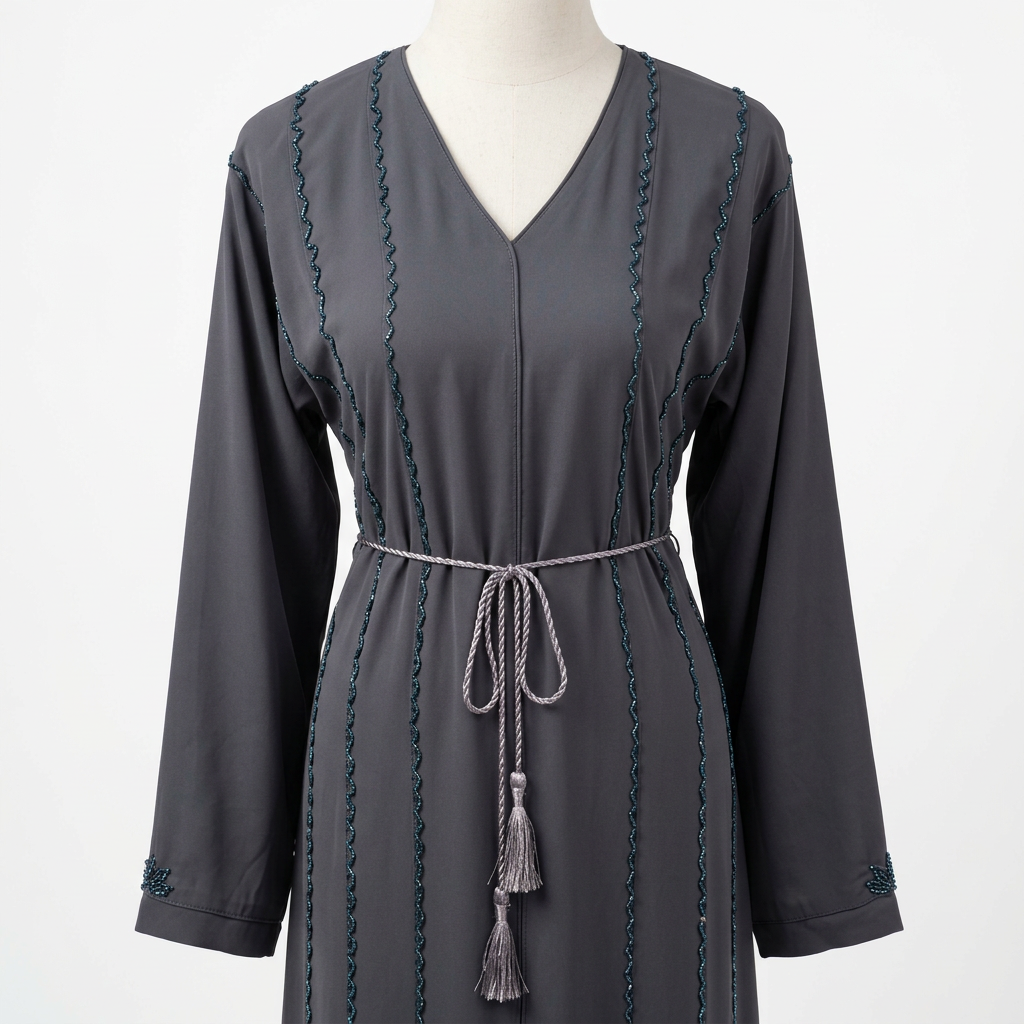 Charcoal Grey Braided Stripe Tassel Detail Open Abaya with Rope Belt