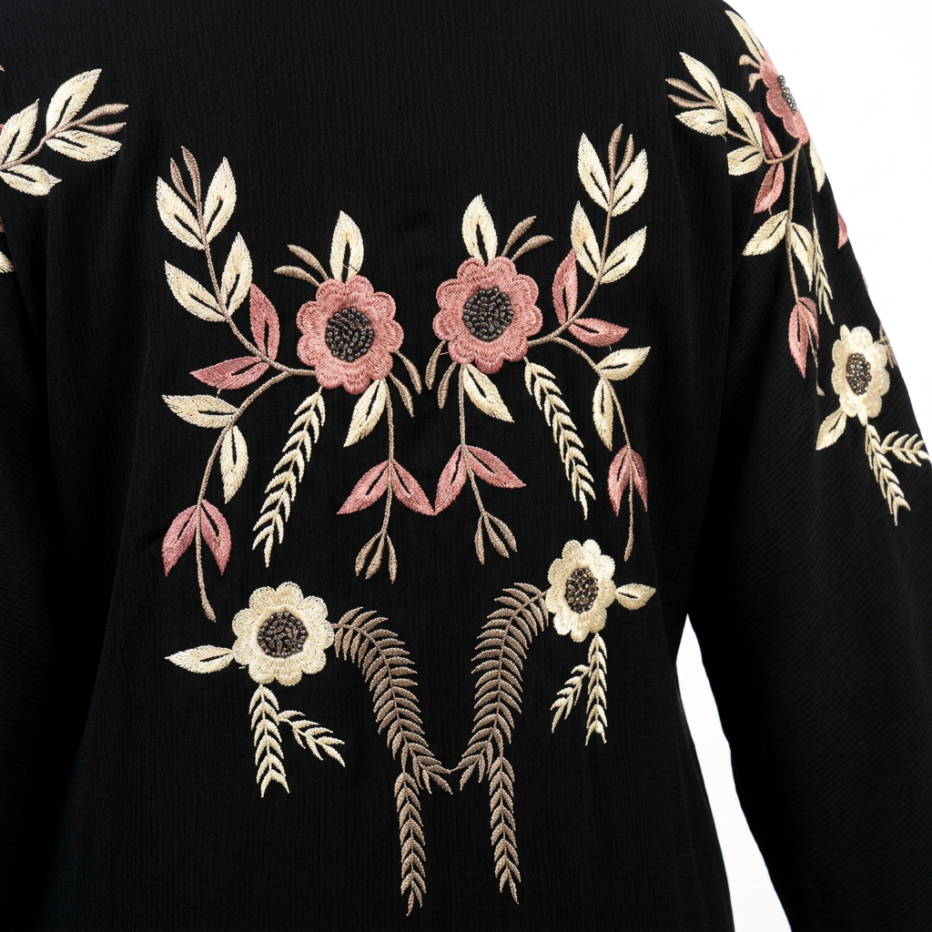 Black Cream Pink Floral Embroidered Back Shoulder Abaya