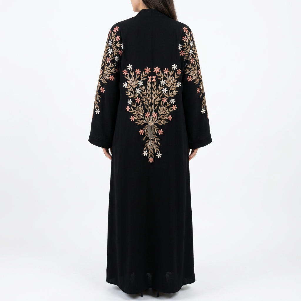 Black Gold Cream Pink Multi Floral Tree Embroidered Back Abaya