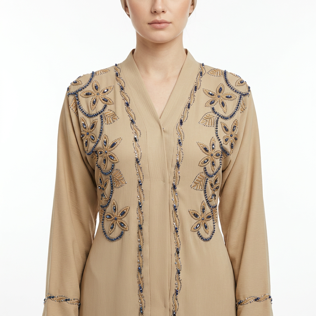 Camel Gold Navy Crystal Floral Vine Beaded Open Abaya