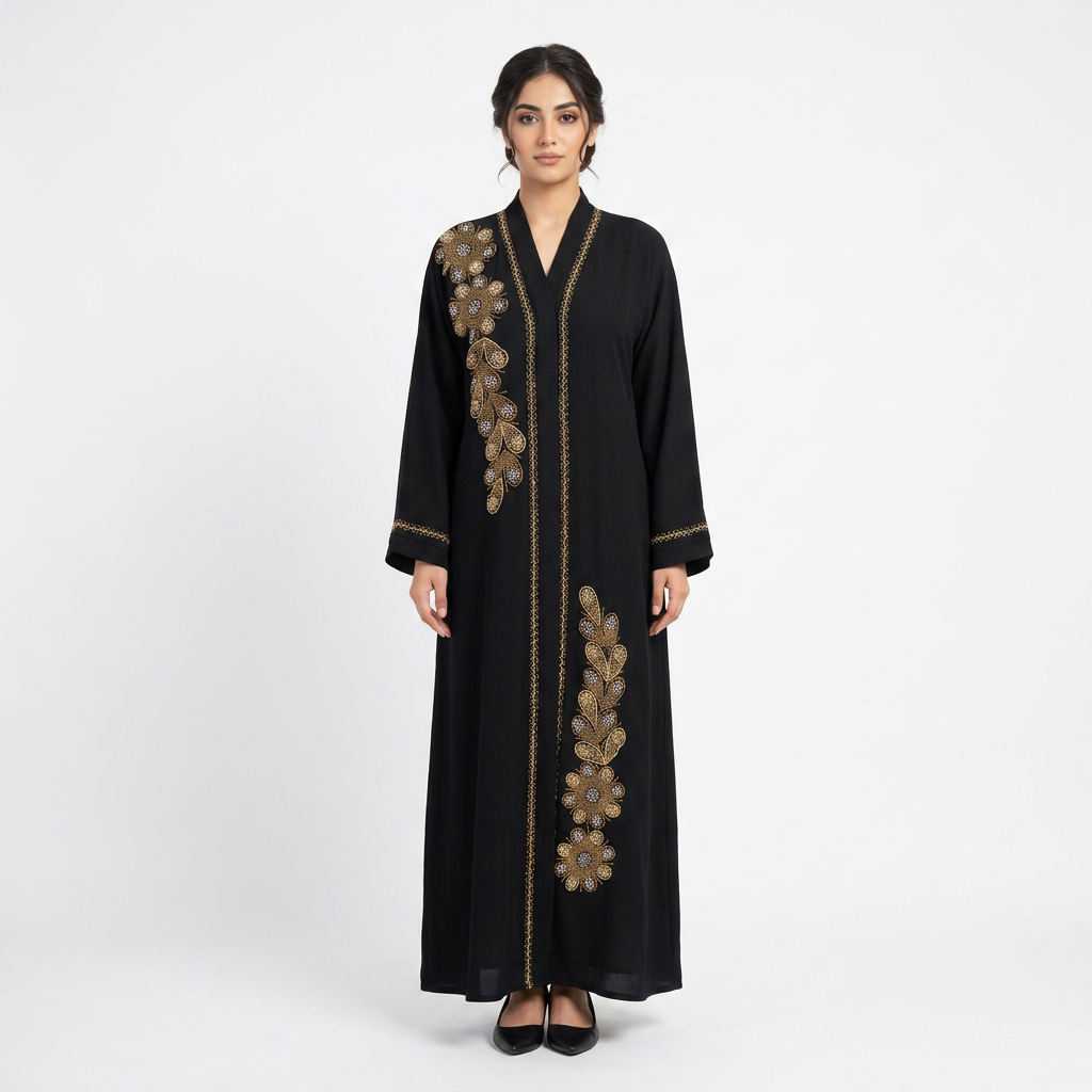 Black Gold Cascade Leaf Front Abaya