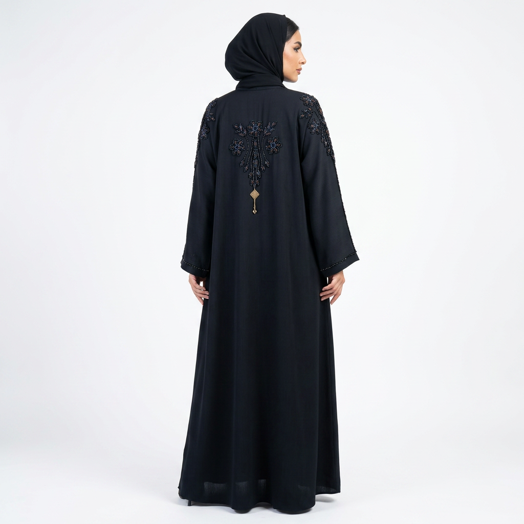 Black Blue Tonal Floral Shoulder Pendant Abaya