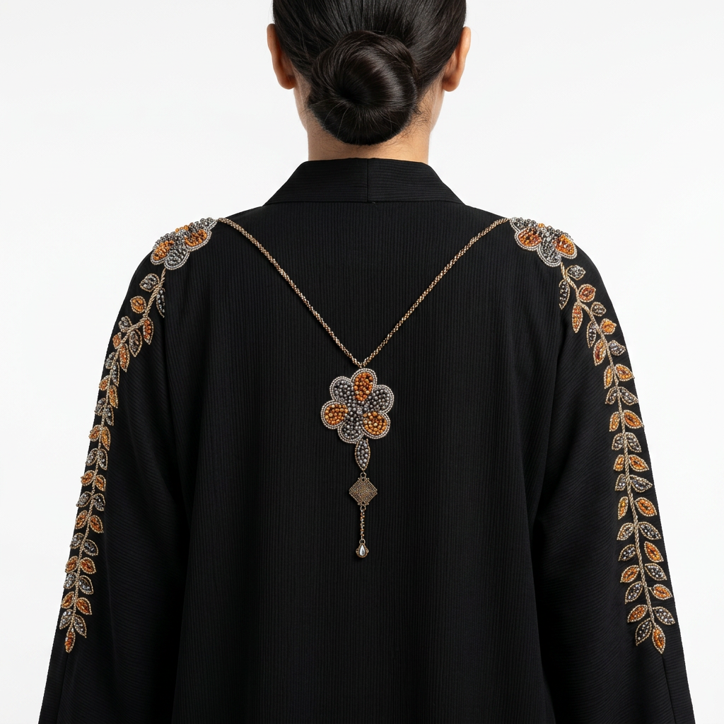 Black Orange Silver Floral Pendant Sleeve Abaya