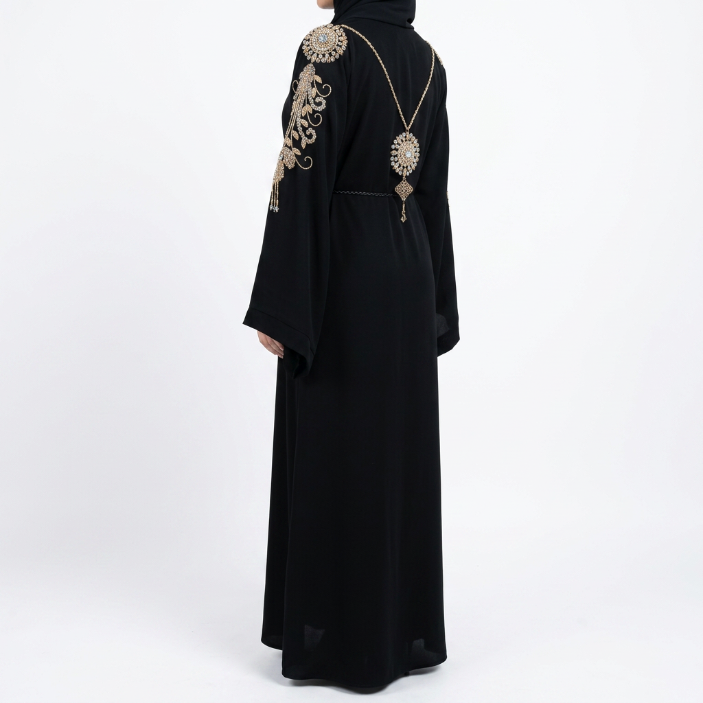 Black Gold Crystal Shoulder Embroidered Abaya with Back Medallion Chain Necklace