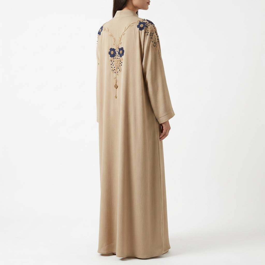 Beige Gold Blue Double Daisy Shoulder Abaya