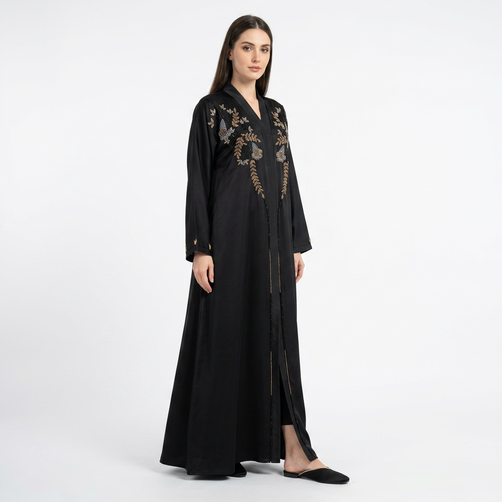 Black Gold Pearl Flower Tassel Abaya