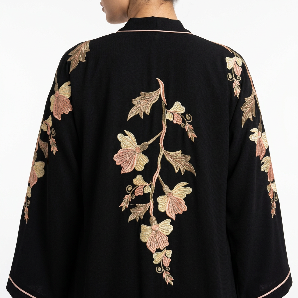 Black Cream Pink Botanical Large Floral Back Cascade Abaya