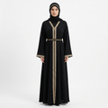 Black Gold Silver Crystal Stripe Trim Zip Front Abaya with Rhinestone Belt