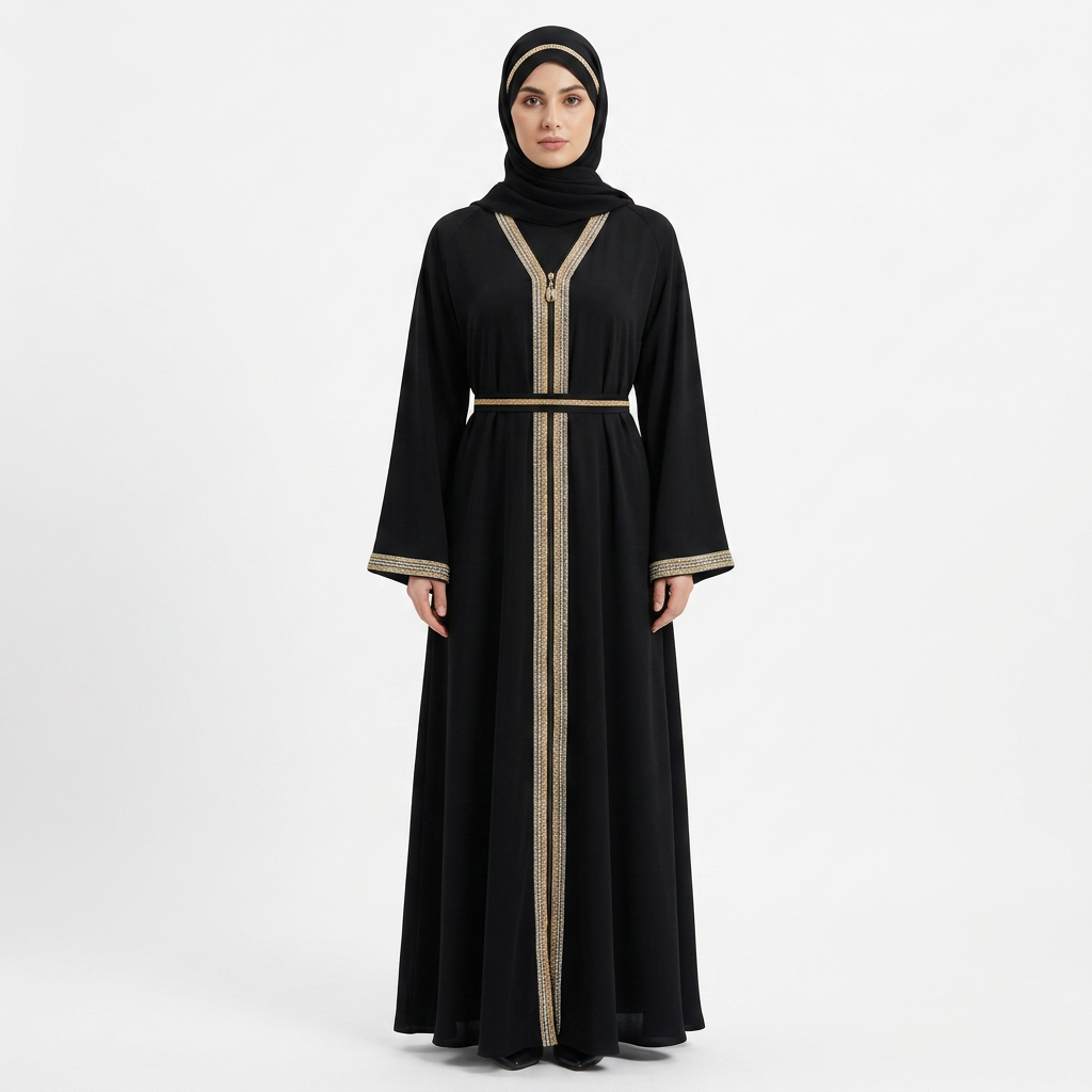 Black Gold Silver Crystal Stripe Trim Zip Front Abaya with Rhinestone Belt