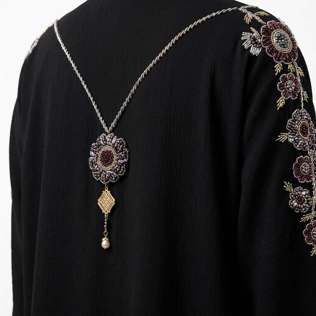 Black Mauve Gold Floral Medallion Sleeve Abaya
