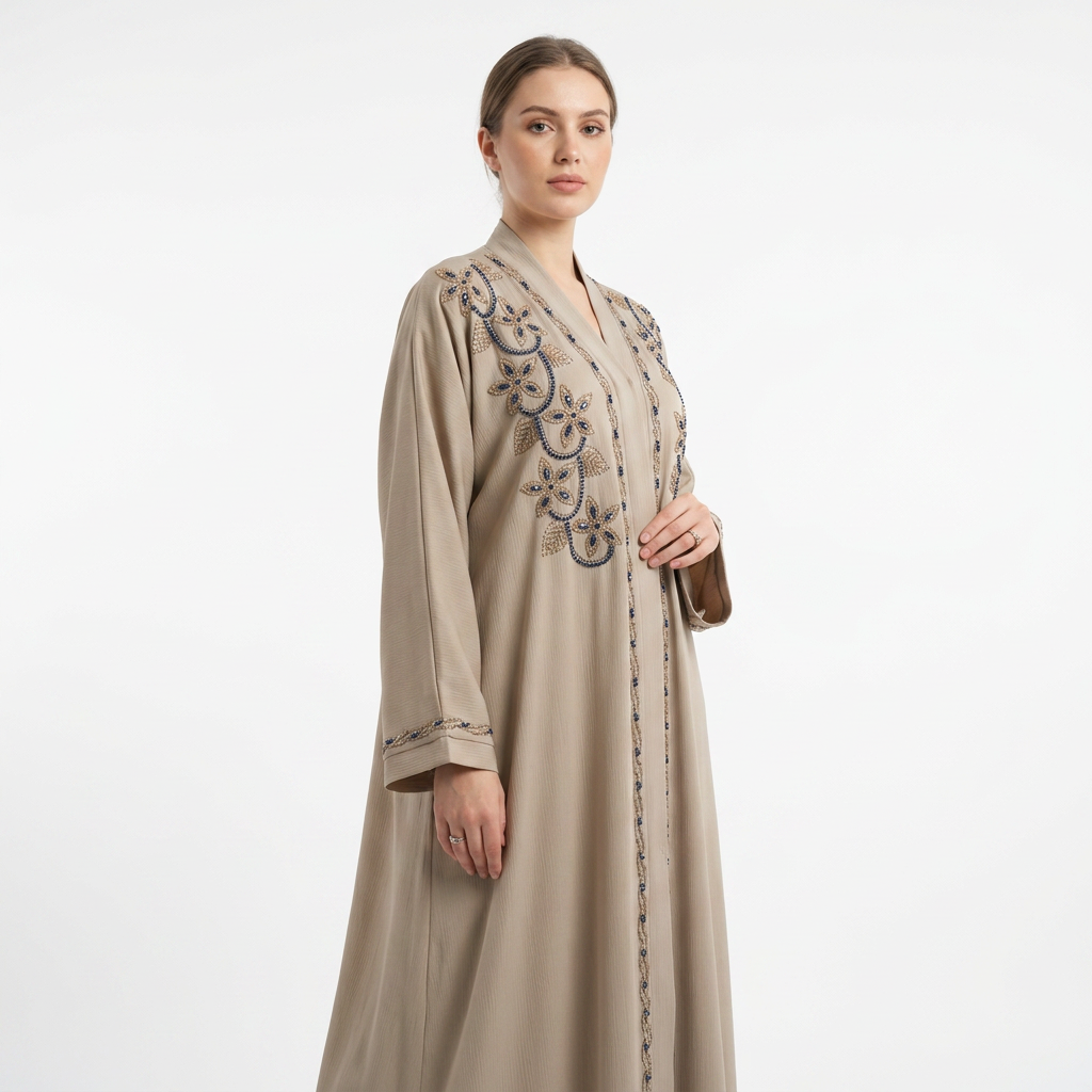 Beige Gold Blue Floral Vine Abaya