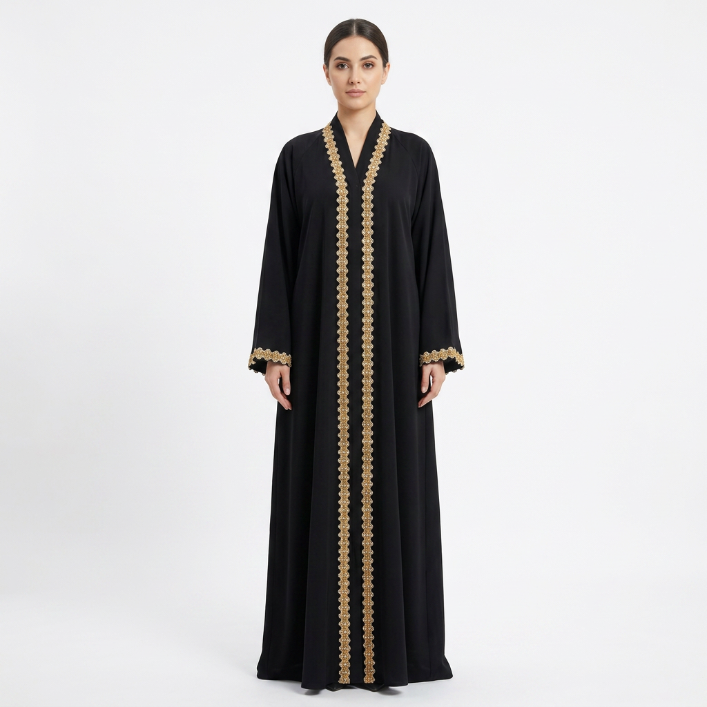 Black Gold Classic Lace Trim Front Abaya