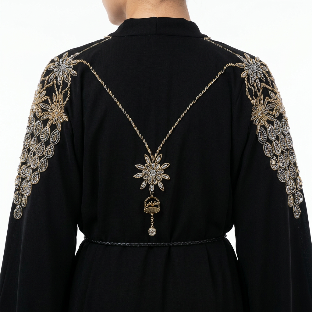Black Gold Crystal Floral Embroidered Abaya with Back Necklace Detail