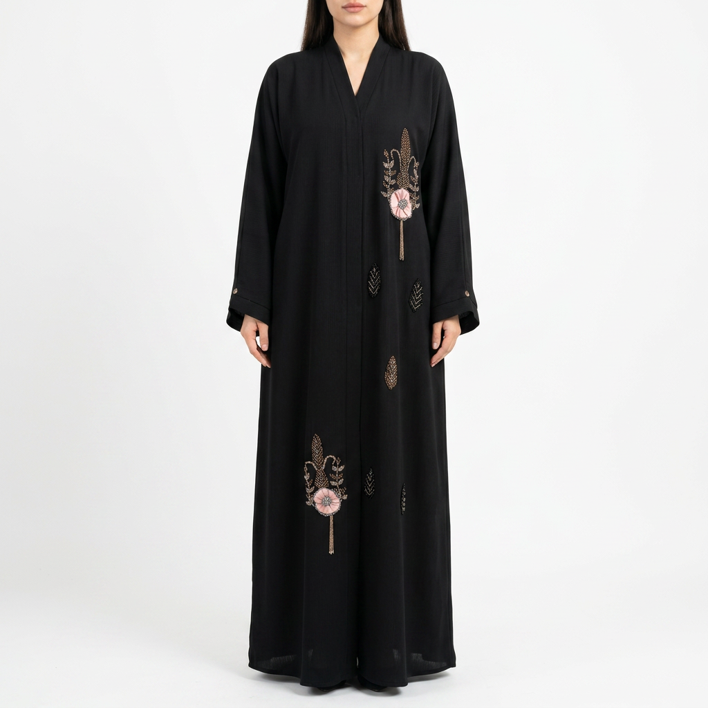 Black Gold Pink Poppy Scattered Abaya