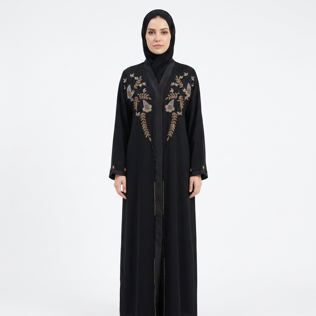 Black Gold Pearl Flower Tassel Abaya