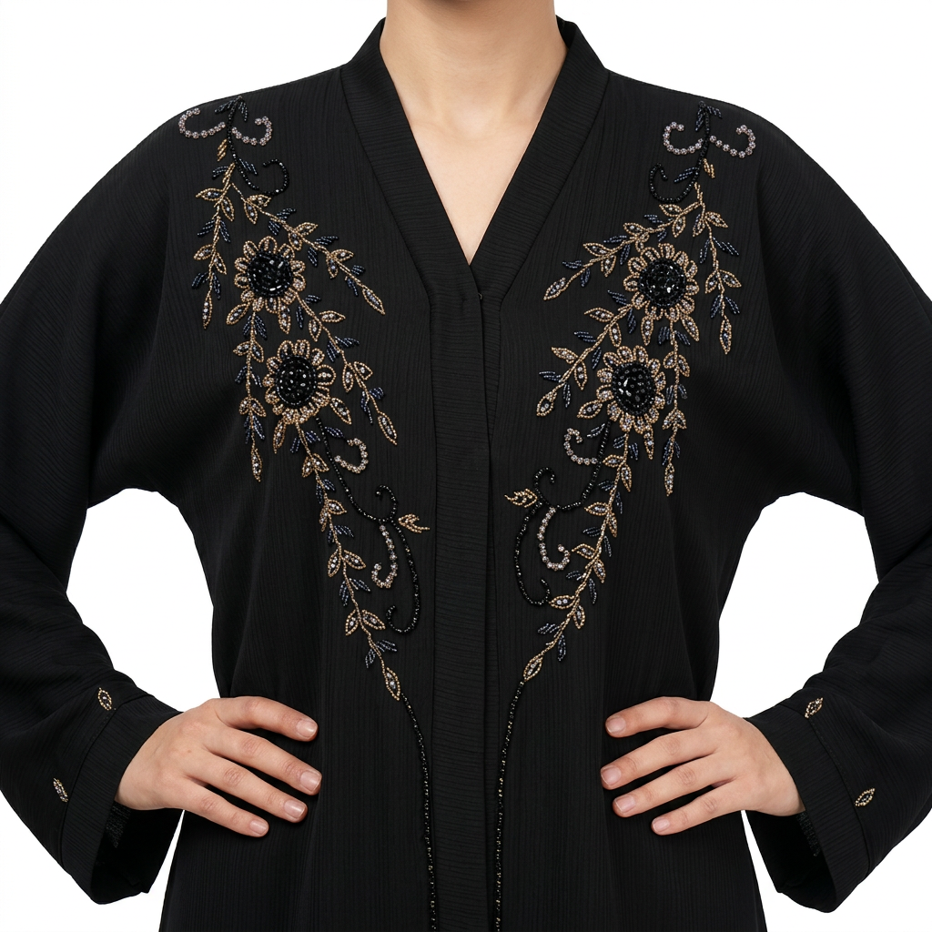 Black Gold Sunflower Vine Front Abaya