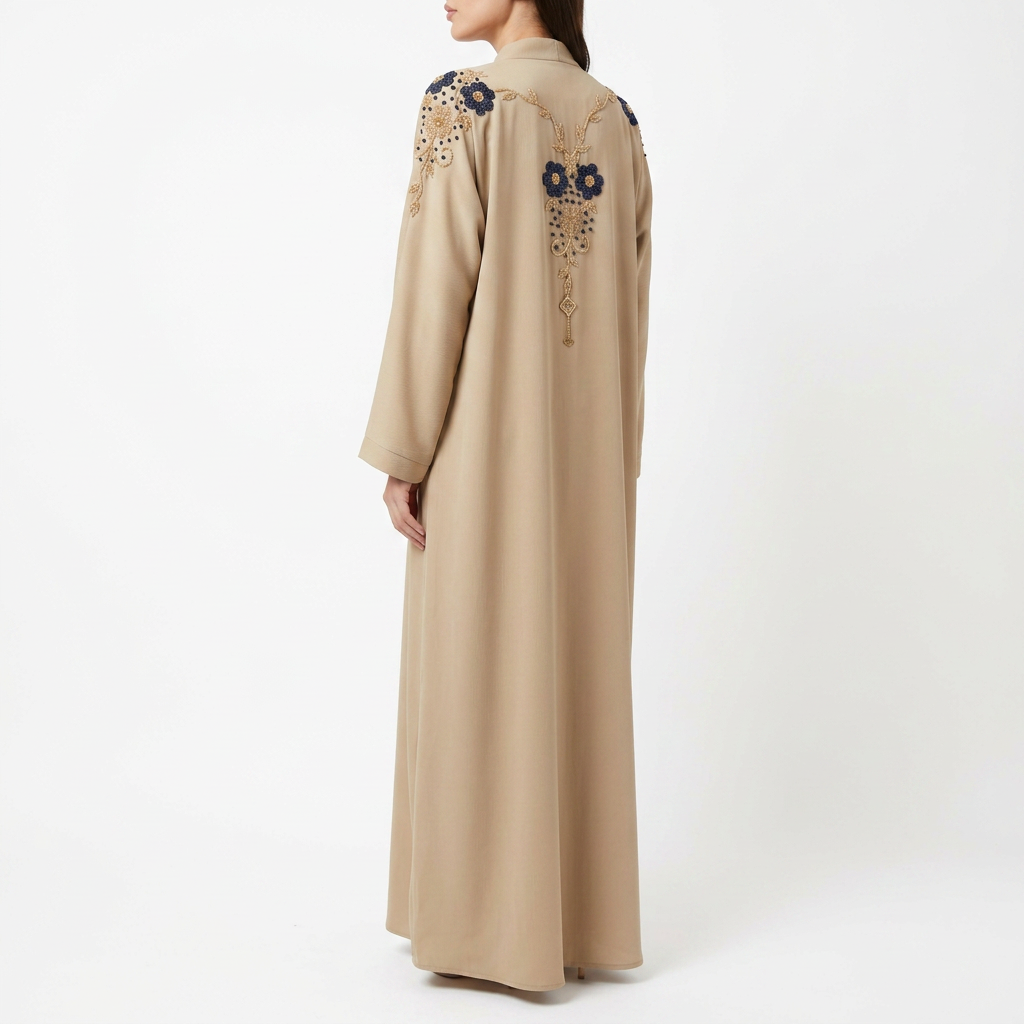 Beige Gold Blue Double Daisy Shoulder Abaya