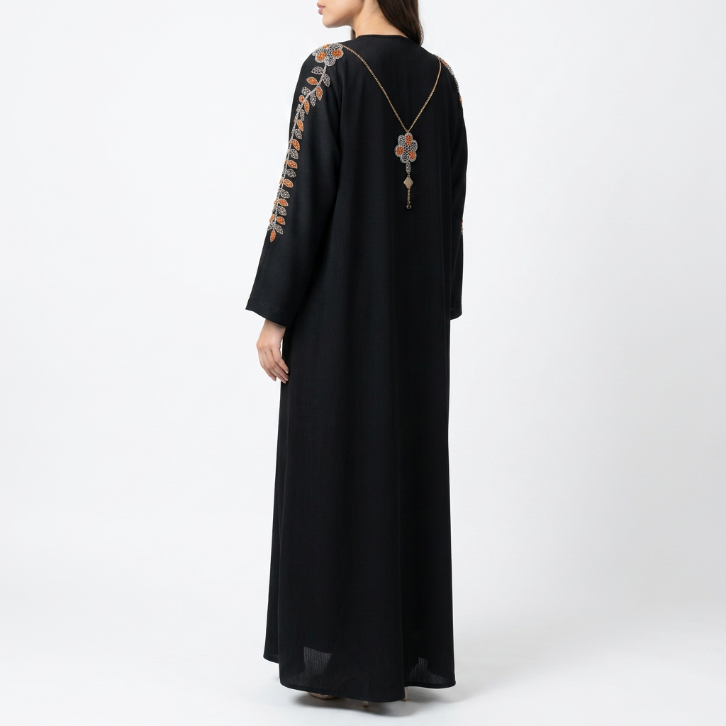 Black Orange Silver Floral Pendant Sleeve Abaya