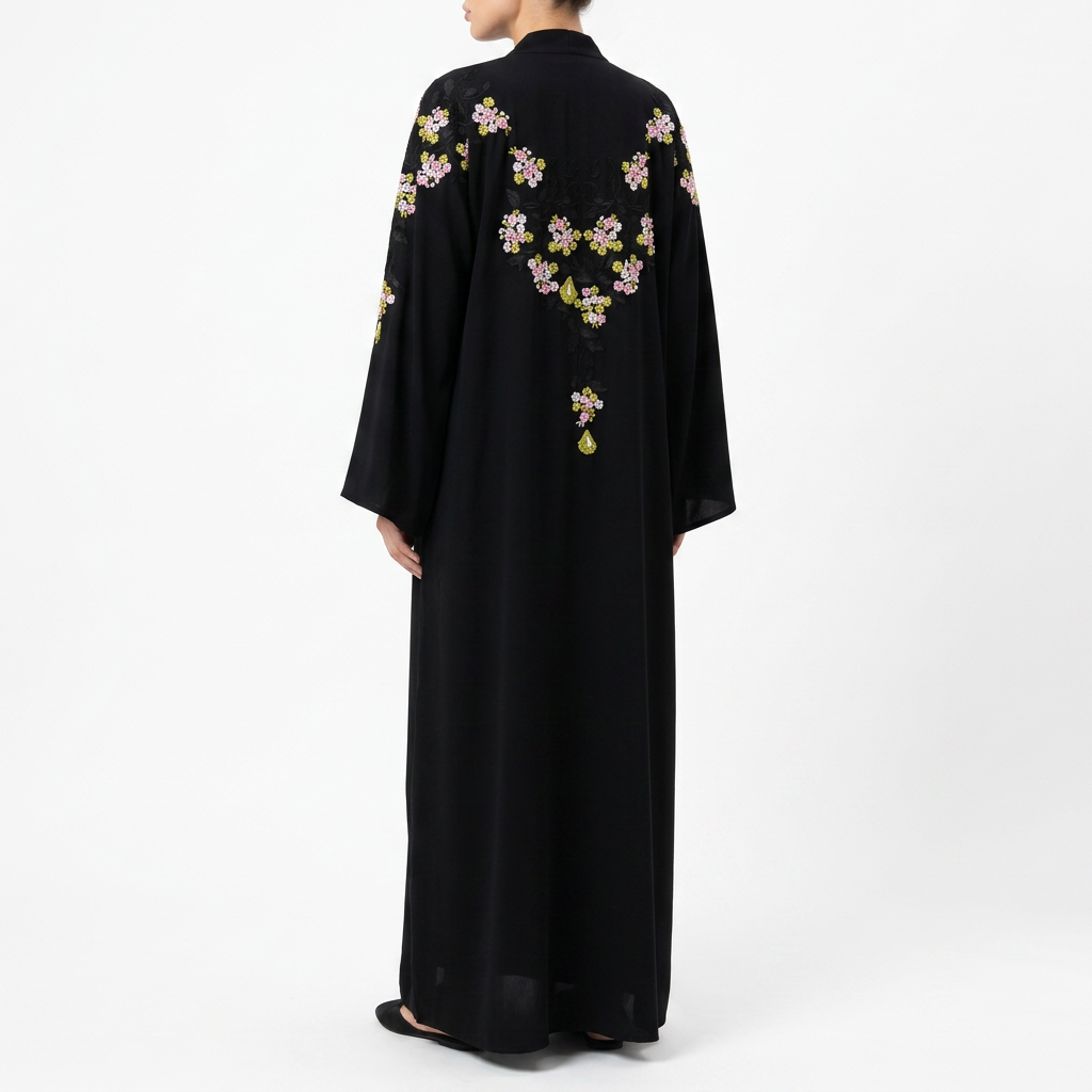Black Gold Pink Green Cherry Blossom Shoulder Abaya