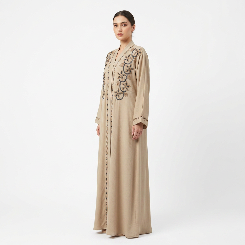 Beige Gold Blue Floral Vine Abaya