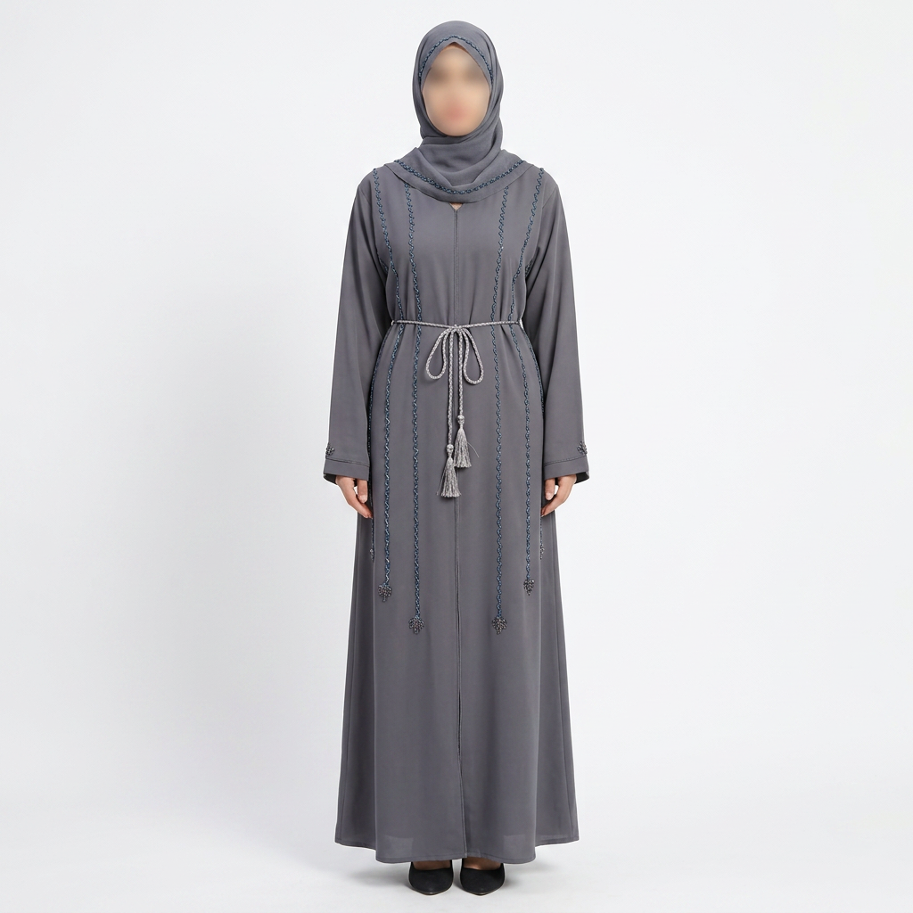 Charcoal Grey Braided Stripe Tassel Detail Open Abaya with Rope Belt