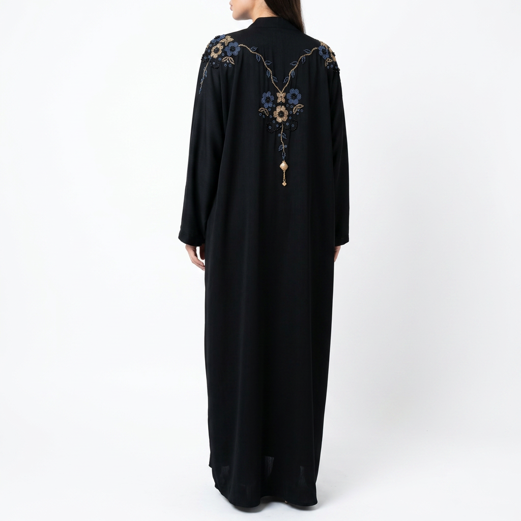 Black Gold Blue Triple Floral Bouquet Shoulder Abaya