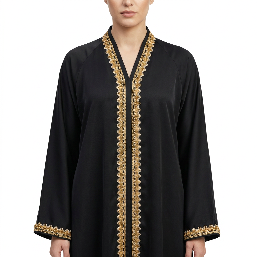 Black Gold Classic Lace Trim Front Abaya