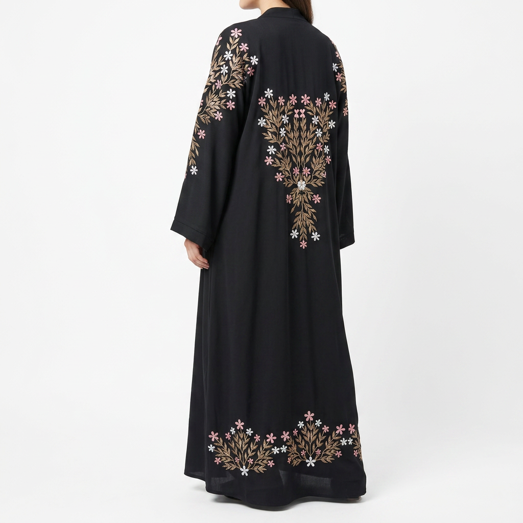 Black Gold Cream Pink Multi Floral Tree Embroidered Back Abaya