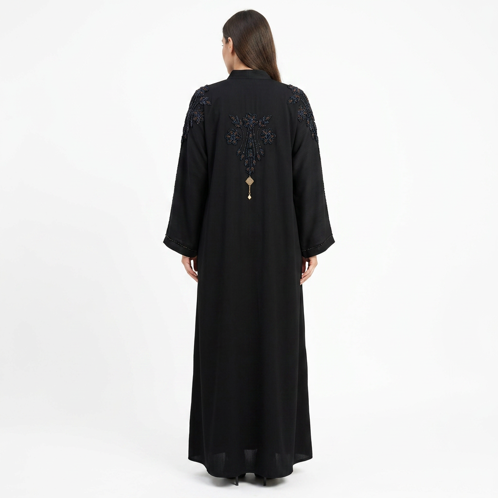 Black Blue Tonal Floral Shoulder Pendant Abaya