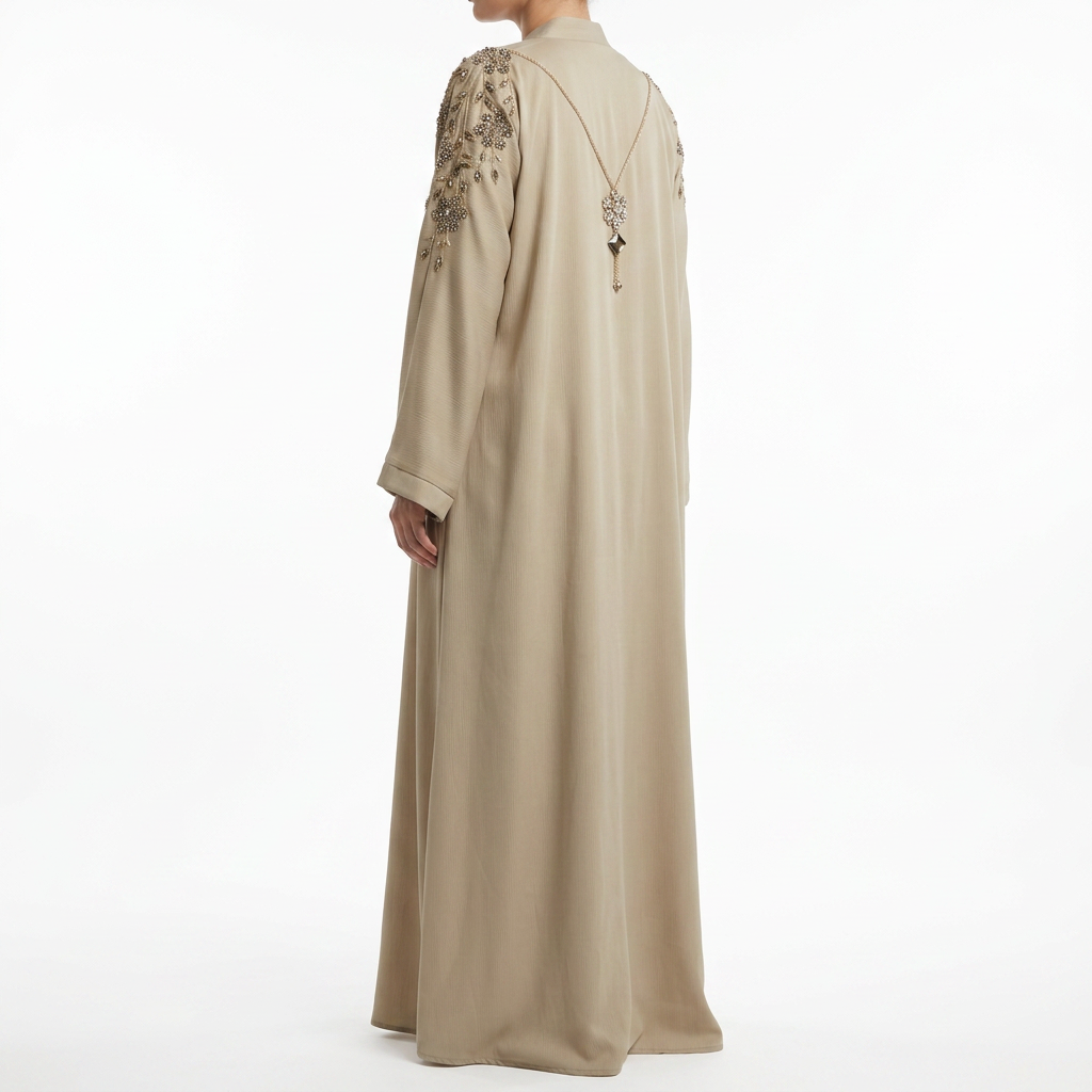 Cream Gold Black Crystal Cascade Shoulder Vine Abaya