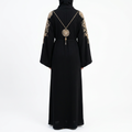 Black Gold Crystal Shoulder Embroidered Abaya with Back Medallion Chain Necklace