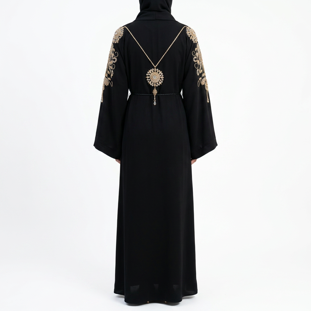 Black Gold Crystal Shoulder Embroidered Abaya with Back Medallion Chain Necklace
