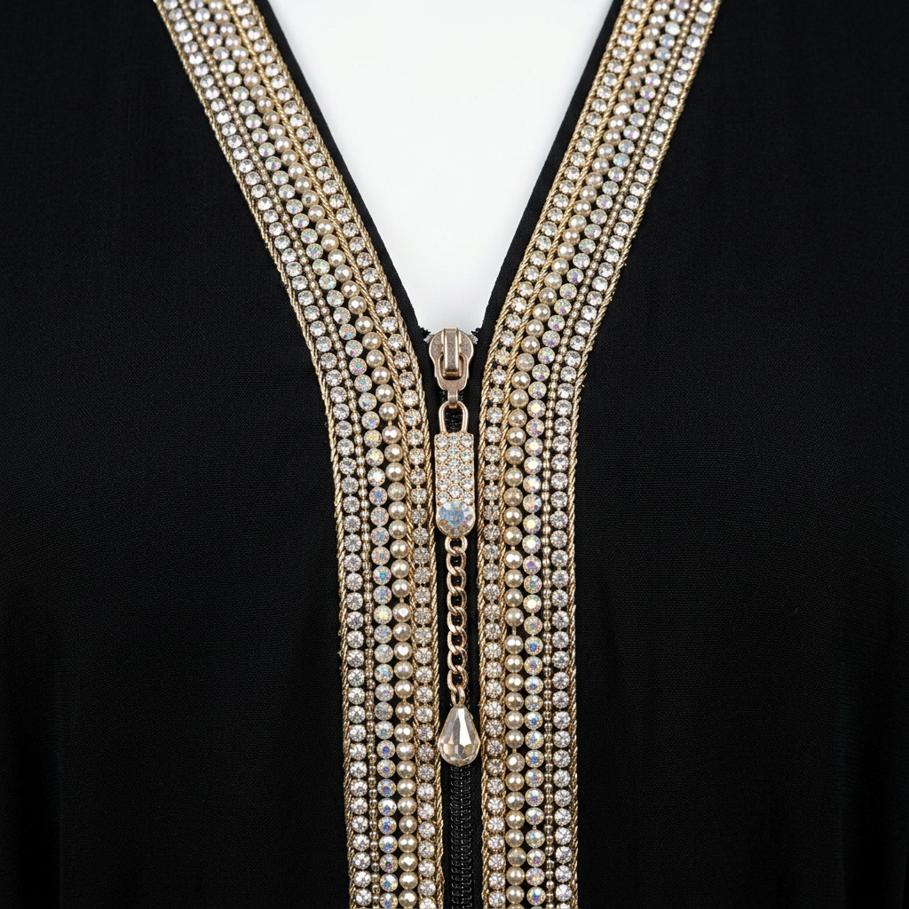 Black Gold Silver Crystal Stripe Trim Zip Front Abaya with Rhinestone Belt