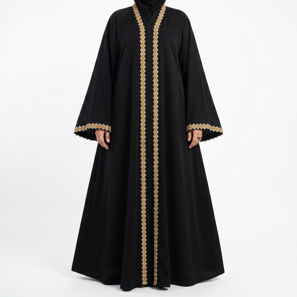 Black Gold Classic Lace Trim Front Abaya