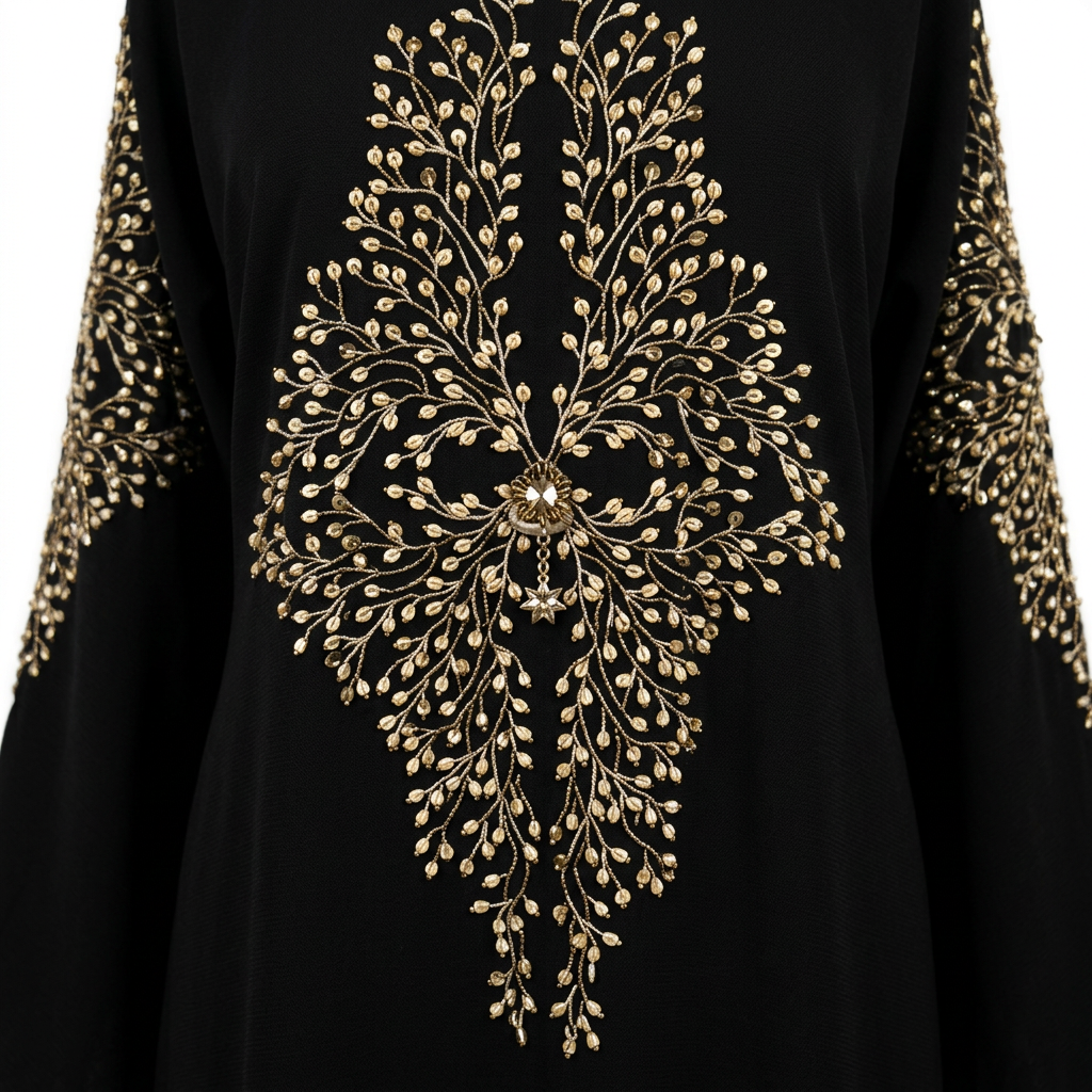 Black Gold Pearl Blossom Branch Shoulder Abaya