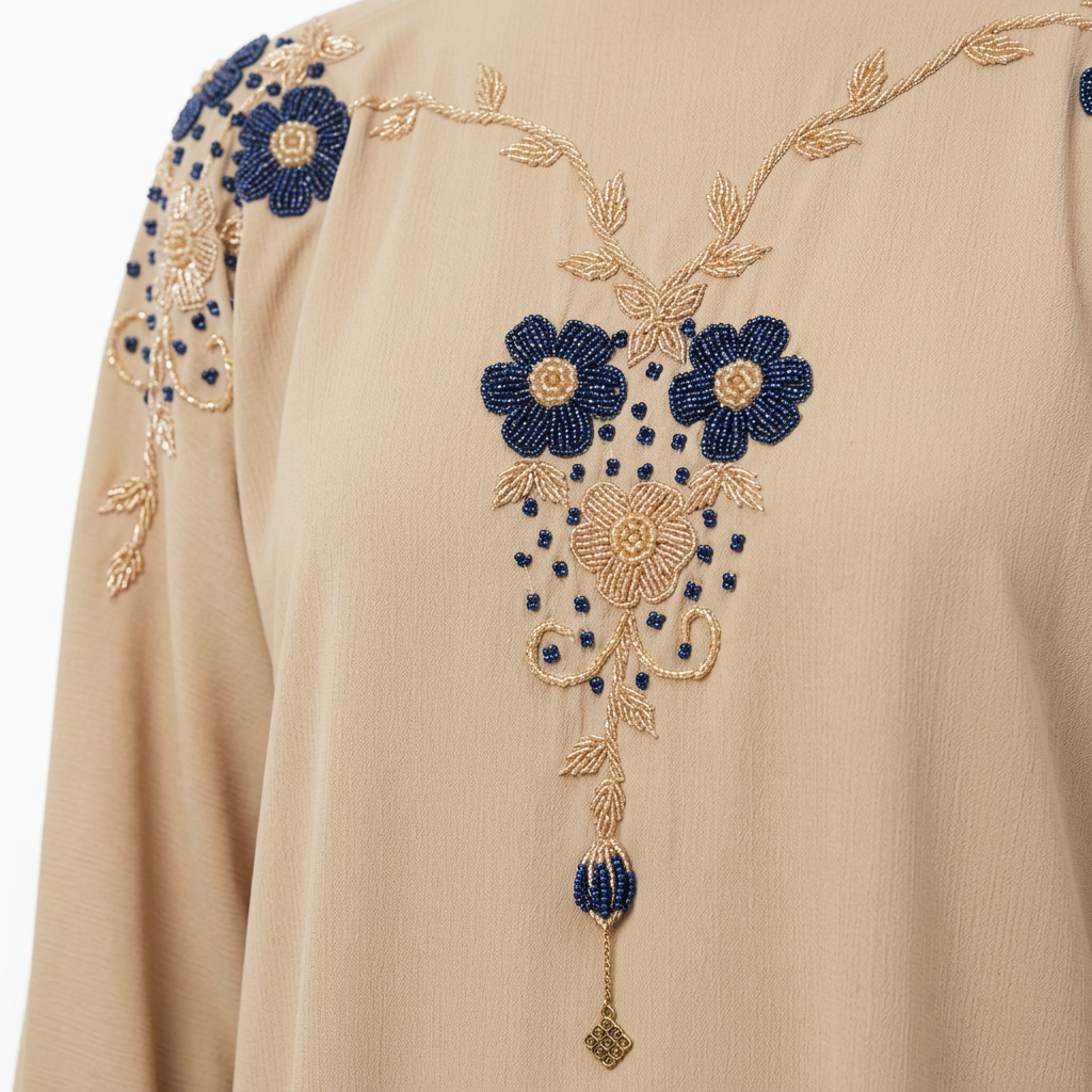 Beige Gold Blue Double Daisy Shoulder Abaya