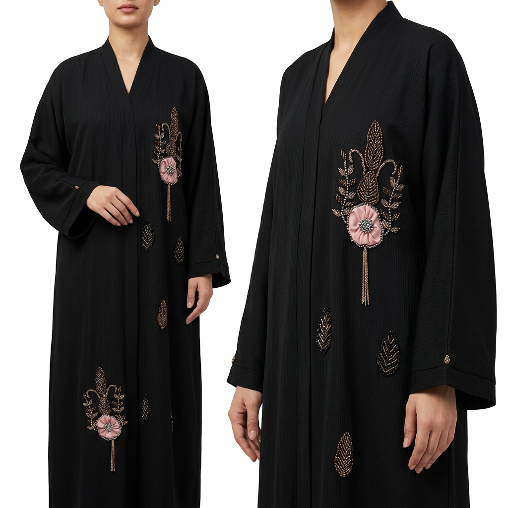 Black Gold Pink Poppy Scattered Abaya