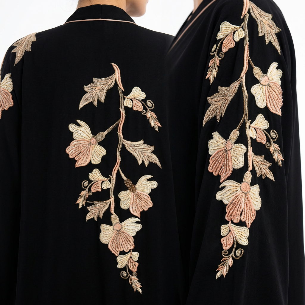Black Cream Pink Botanical Large Floral Back Cascade Abaya