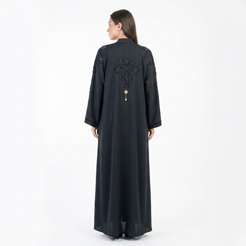 Black Blue Tonal Floral Shoulder Pendant Abaya