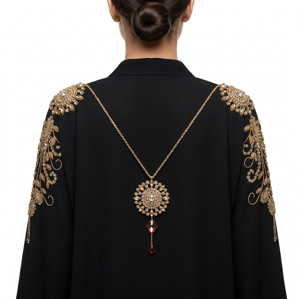 Black Gold Crystal Round Medallion Fringe Shoulder Abaya