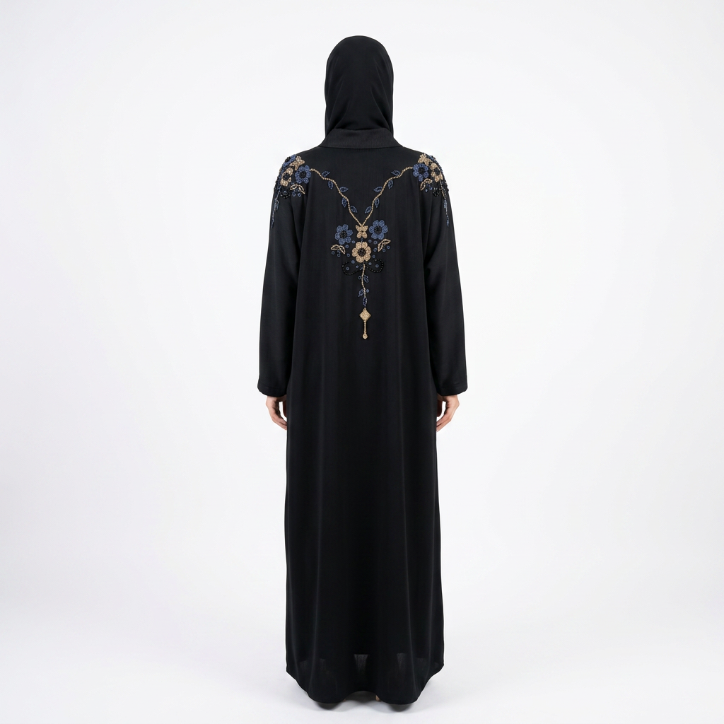 Black Gold Blue Triple Floral Bouquet Shoulder Abaya