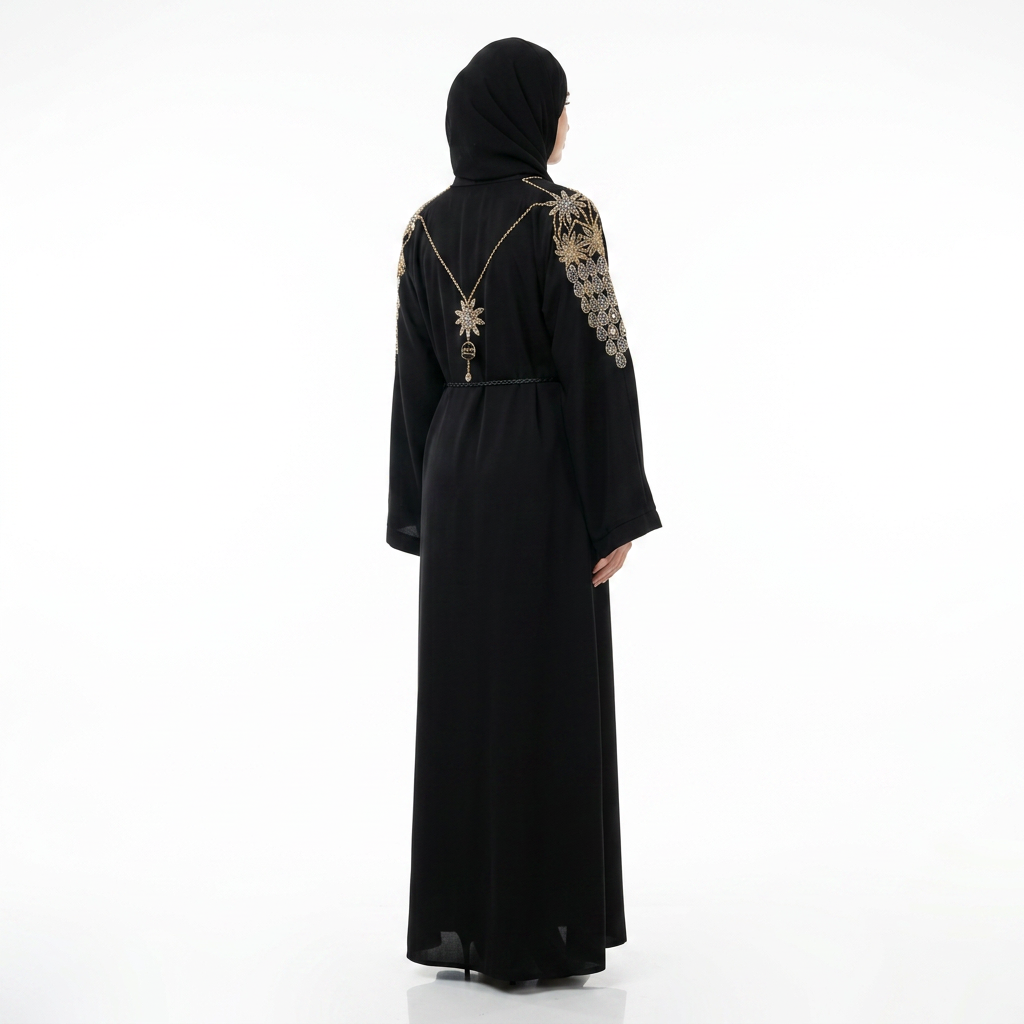 Black Gold Crystal Floral Embroidered Abaya with Back Necklace Detail