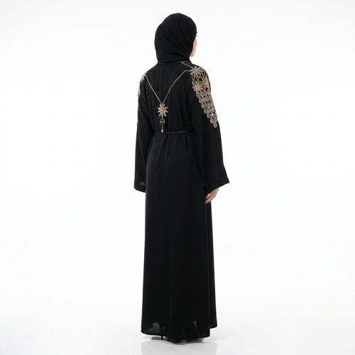 Black Gold Crystal Floral Embroidered Abaya with Back Necklace Detail