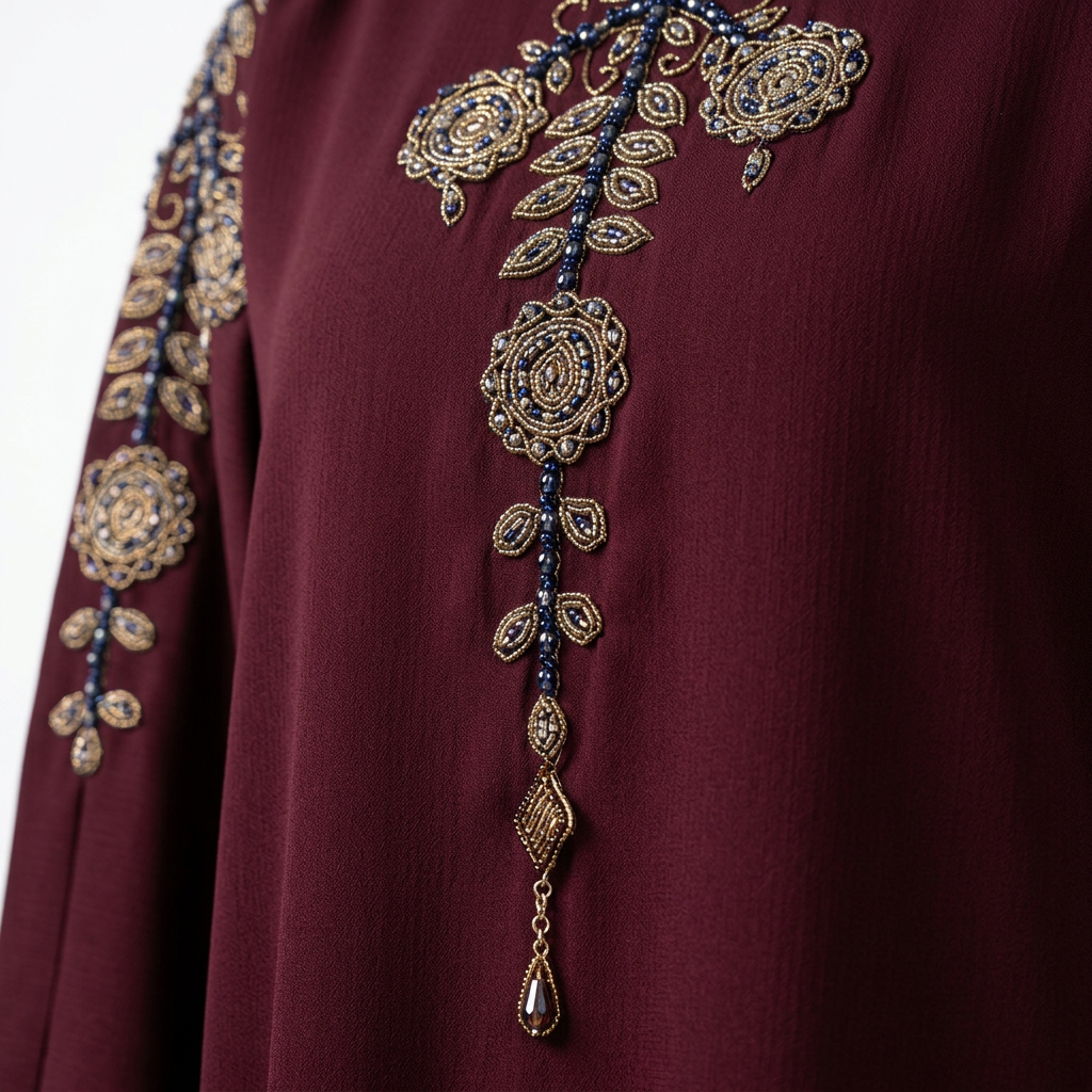 Burgundy Silver Blue Chandelier Shoulder Abaya
