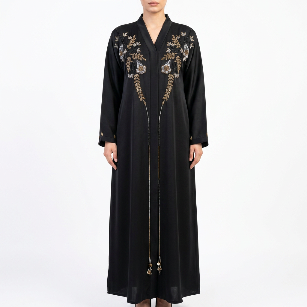 Black Gold Pearl Flower Tassel Abaya