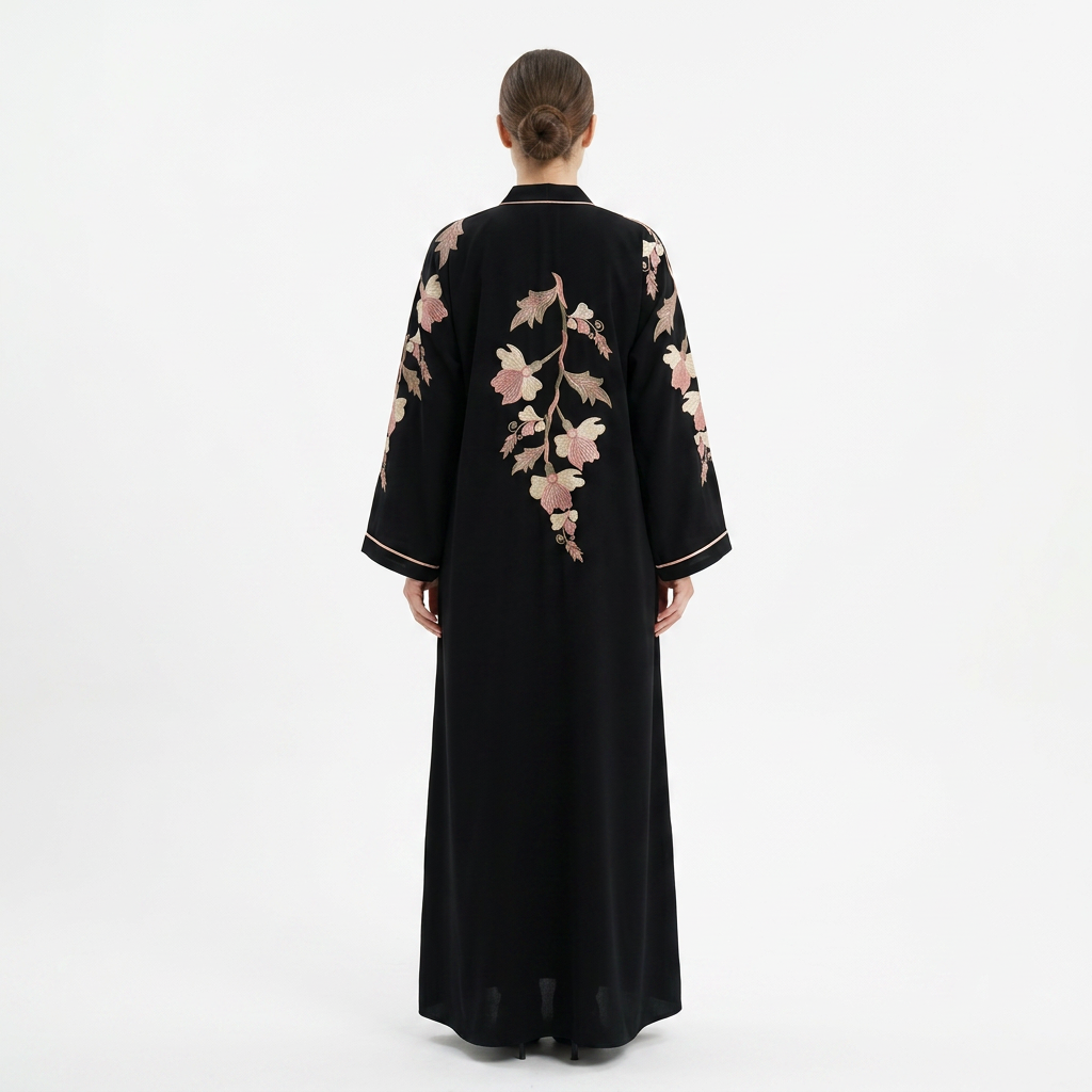 Black Cream Pink Botanical Large Floral Back Cascade Abaya