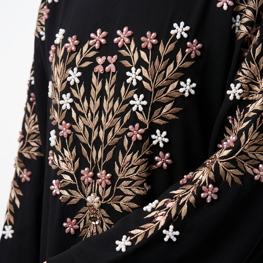 Black Gold Cream Pink Multi Floral Tree Embroidered Back Abaya