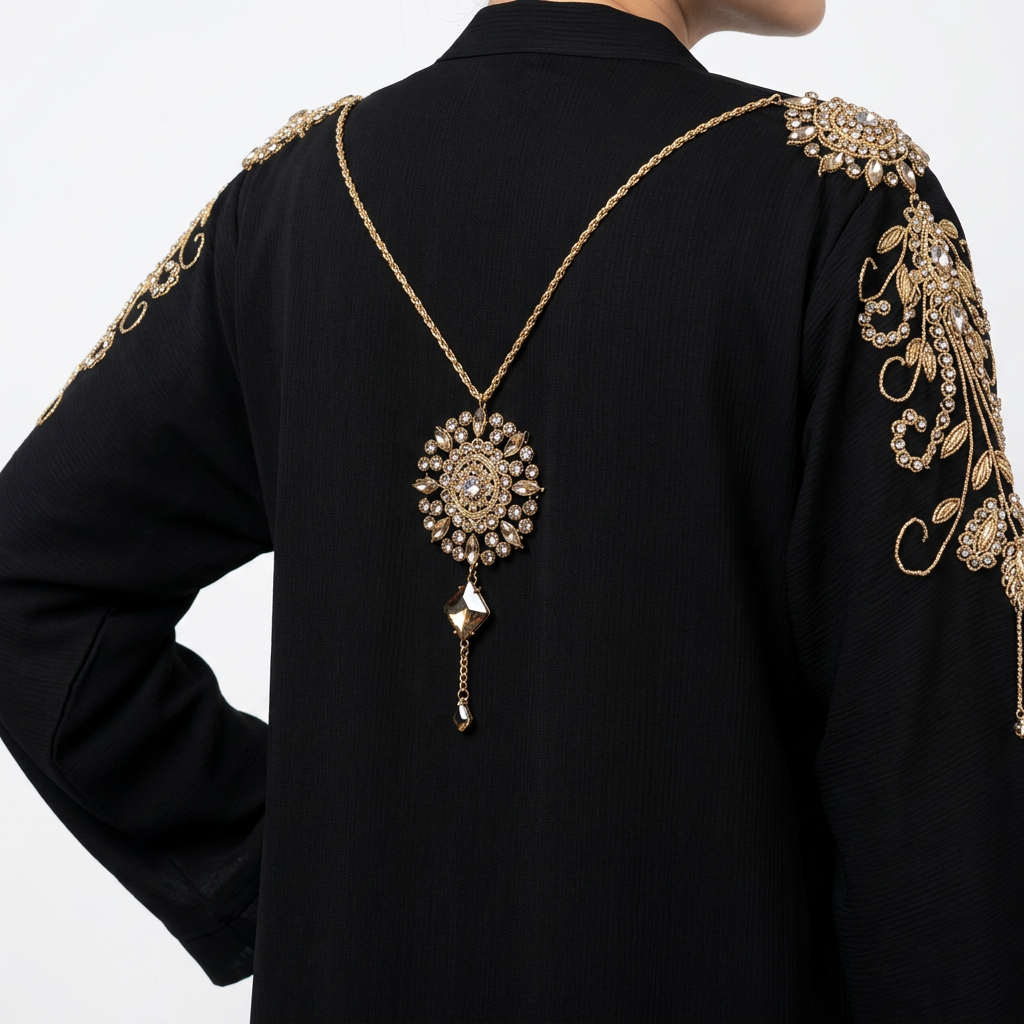 Black Gold Crystal Round Medallion Fringe Shoulder Abaya